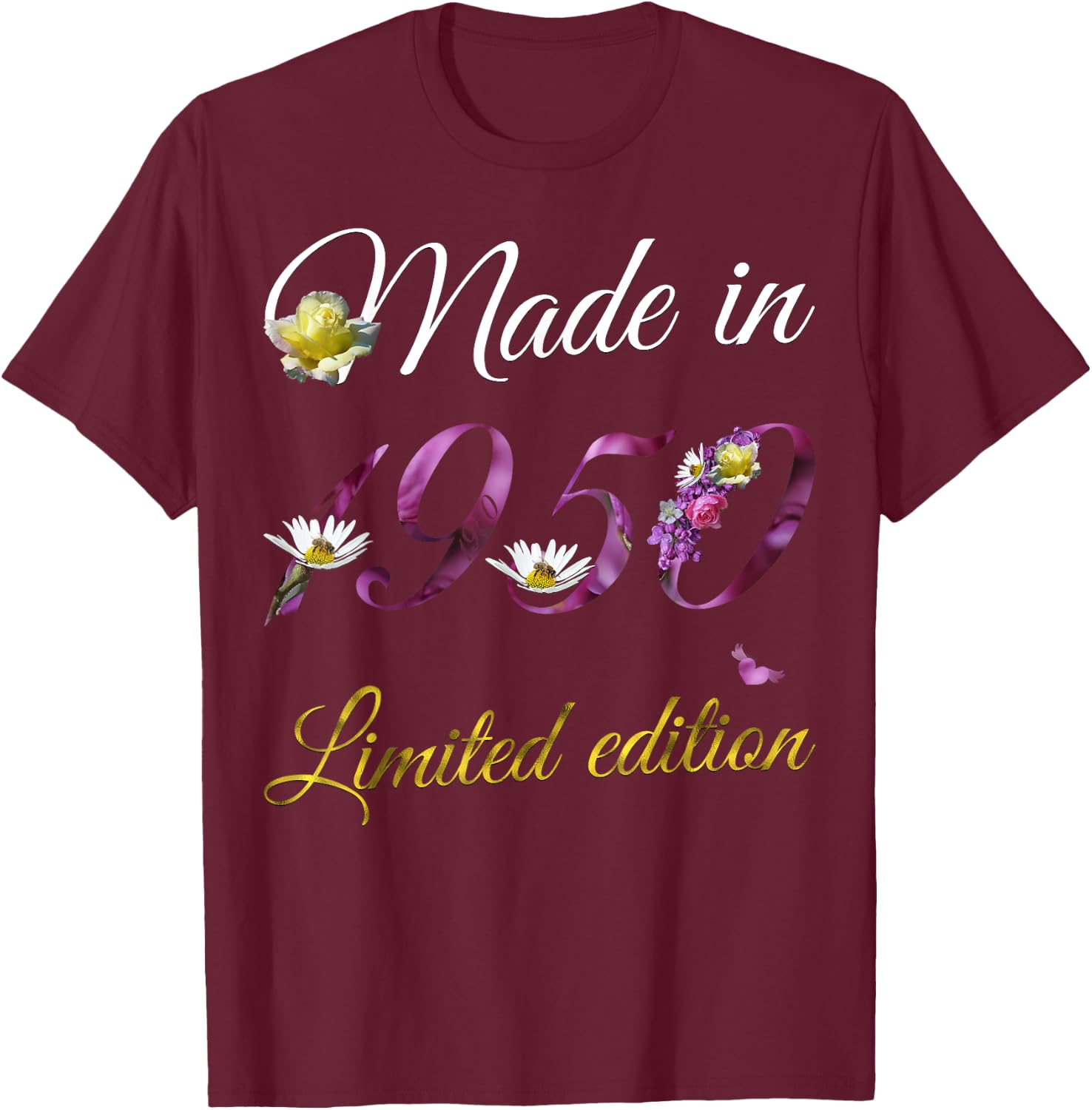 Made in 1950 - 75 Year Old Floral 1950 75th Birthday Gift T-Shirt - T-Shirt | Maroon