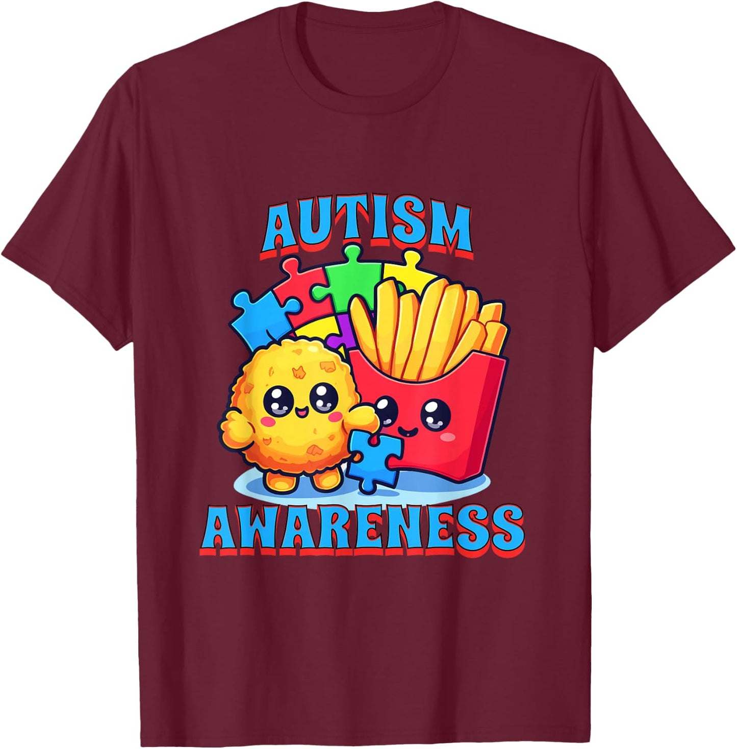 Chicken Nugget and French Fries Autism Awareness T-Shirt - T-Shirt | Maroon