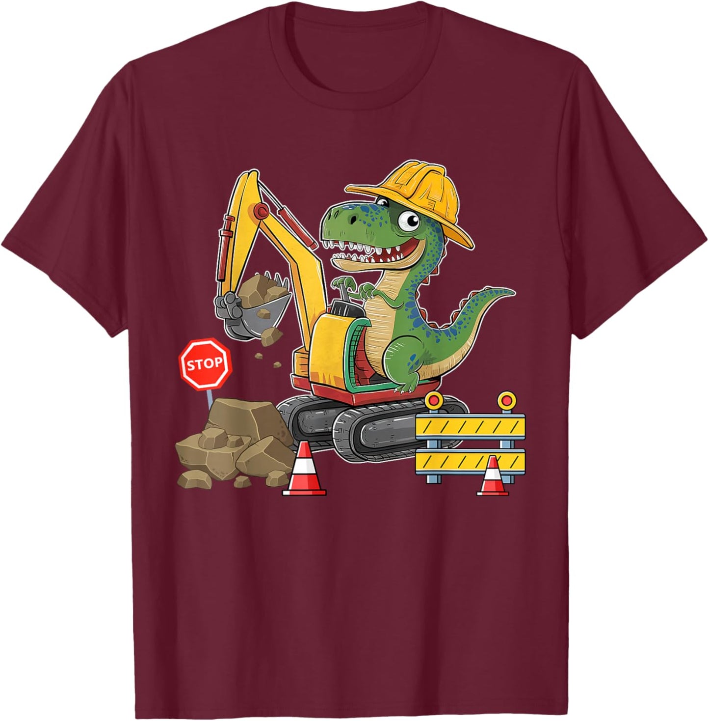 Dinosaur Construction Worker Excavator Truck Kids Boy Girl T-Shirt - T-Shirt | Maroon