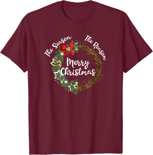 Reason For The Season Wreath Crown Thorns Christmas T-Shirt - T-Shirt | Maroon