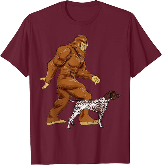 Funny Bigfoot Walking German Shorthaired Pointer Sasquatch T-Shirt - T-Shirt | Maroon
