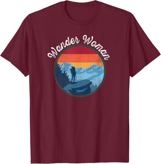 Wander Woman Retro Sunset - Climbing Hiking Outdoor Funny T-Shirt - T-Shirt | Maroon