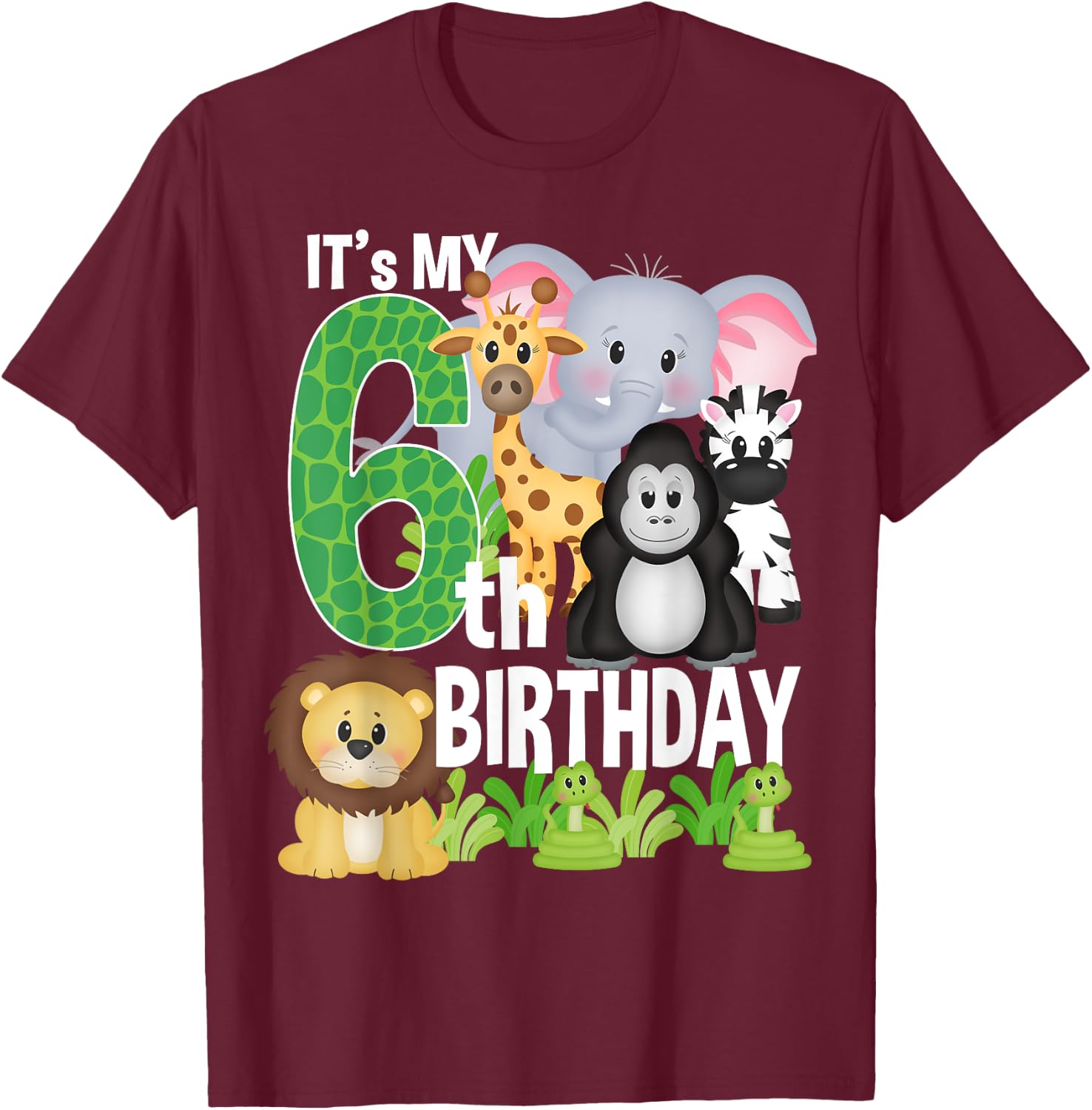It's My 6th Birthday Party Jungle Safari Zoo Theme Bday T-Shirt - T-Shirt | Maroon