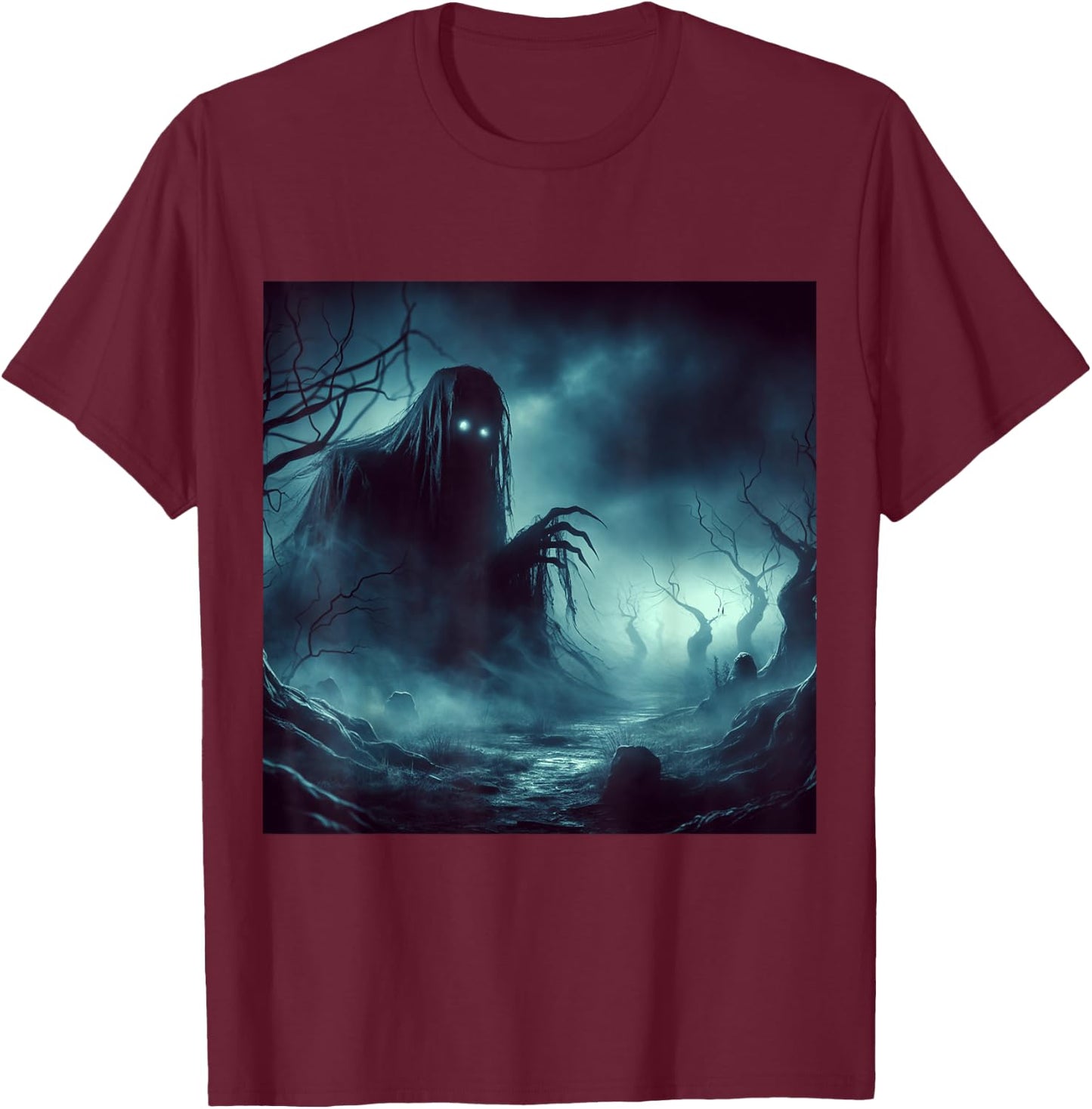 Haunted Cemetery Undead Monster and Halloween Scary Graphic T-Shirt - T-Shirt | Maroon
