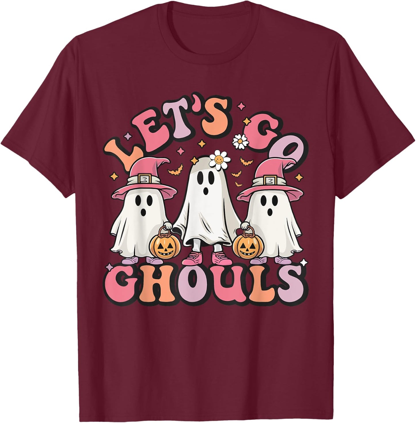 Women Let's Go Ghouls Halloween Ghost Costume Retro Groovy T-Shirt - T-Shirt | Maroon