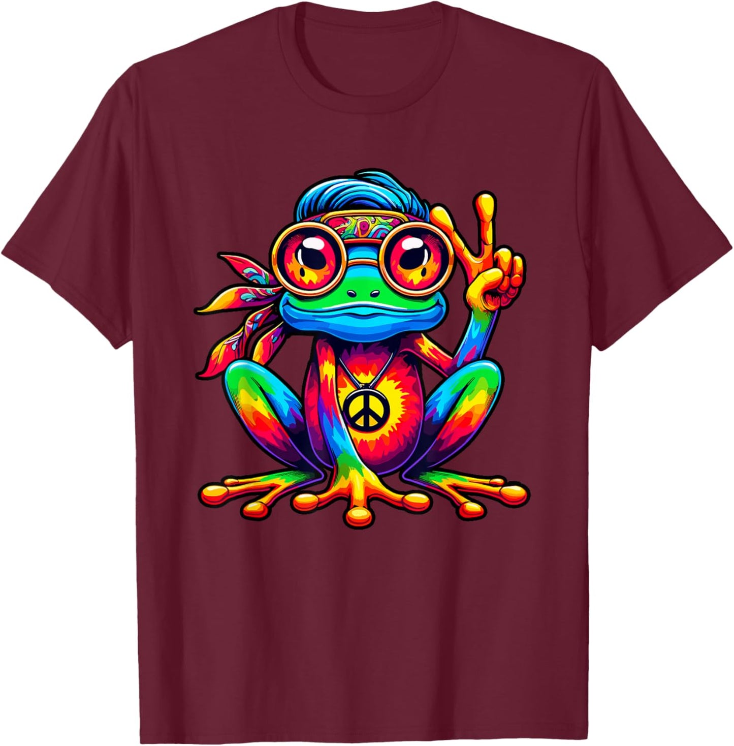 Tie-Dye Hippie Frog, Peace Sign, 70s Party & 60s Costume T-Shirt - T-Shirt | Maroon