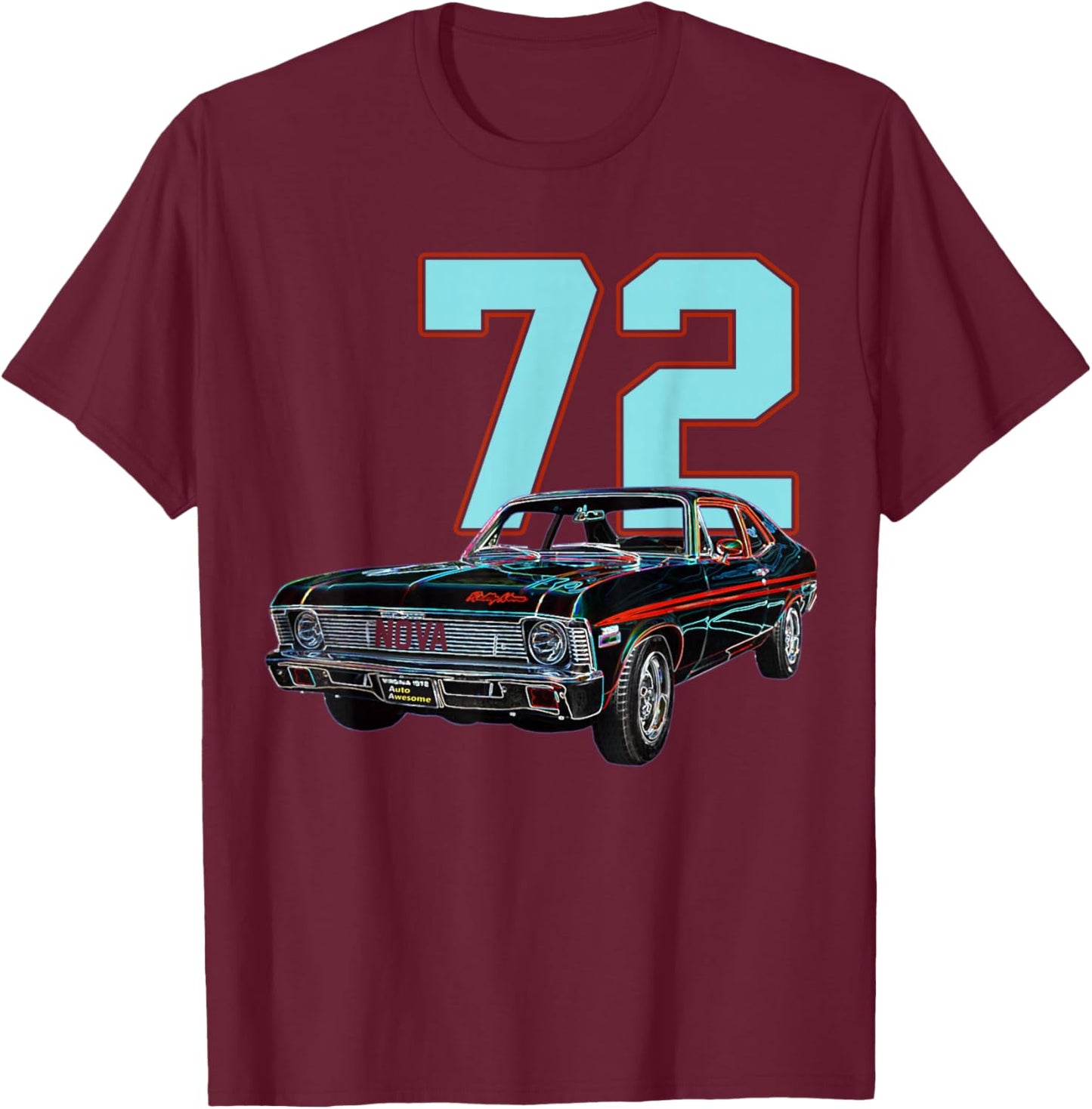 1972 72 Chevys Nova 2 Classic Car Old School Muscle Blue Car T-Shirt - T-Shirt | Maroon