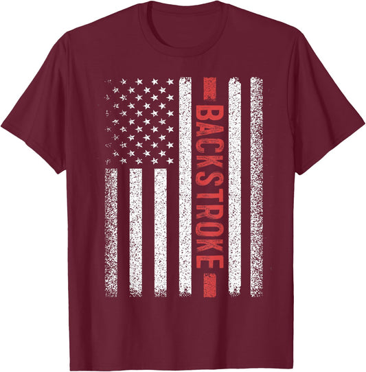 Backstroke American Flag 4th of July Back Crawl Swimmer T-Shirt - T-Shirt | Maroon