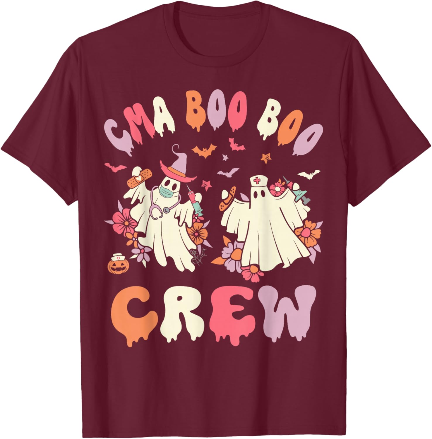 CMA Boo Crew Retro Halloween Ghost Nurse T-Shirt - T-Shirt | Maroon