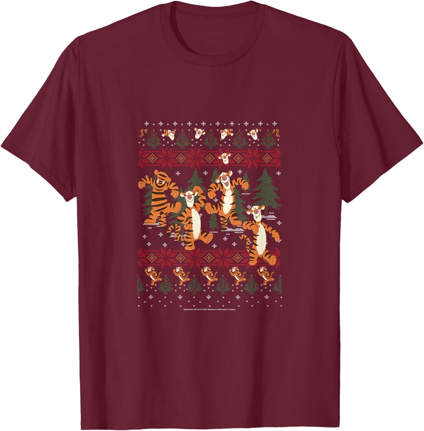 Disney Christmas Winnie The Pooh Tigger Ugly Sweater T-Shirt - T-Shirt | Maroon