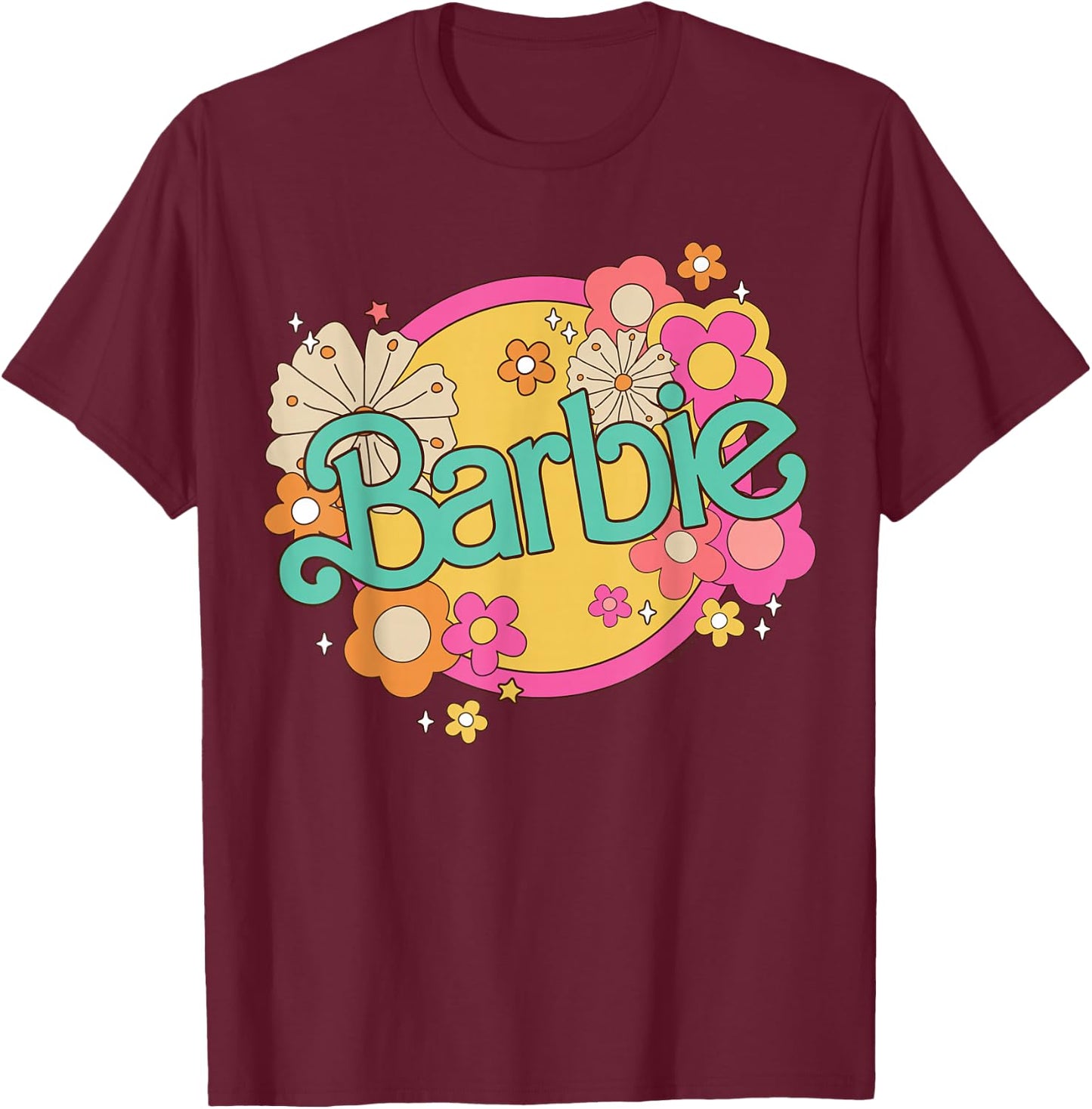 Barbie Retro Logo with Flowers T-Shirt - T-Shirt | Maroon