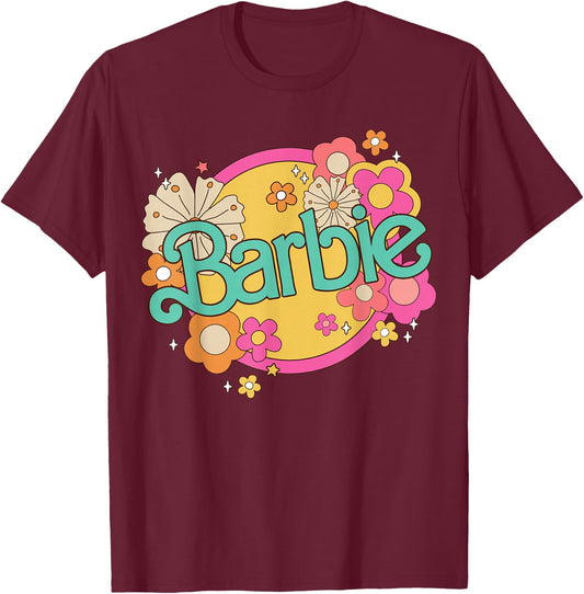 Barbie Retro Logo with Flowers T-Shirt - T-Shirt | Maroon