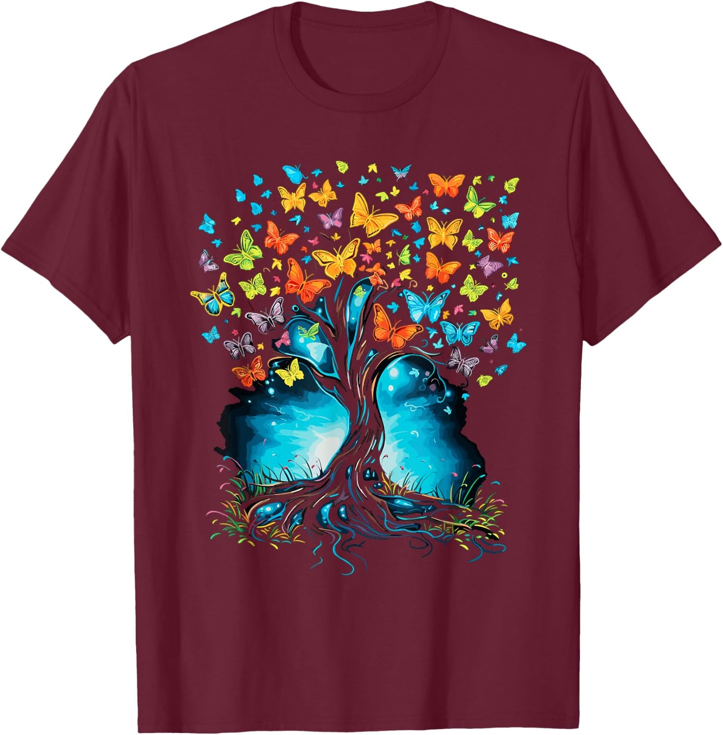 Butterfly Tree Beautiful Butterflies Garden Colorful T-Shirt - T-Shirt | Maroon