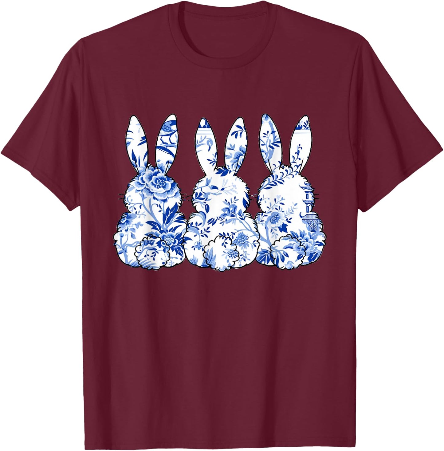 Chinoiserie Bunnies Blue and White Chinoiserie Florals women T-Shirt - T-Shirt | Maroon
