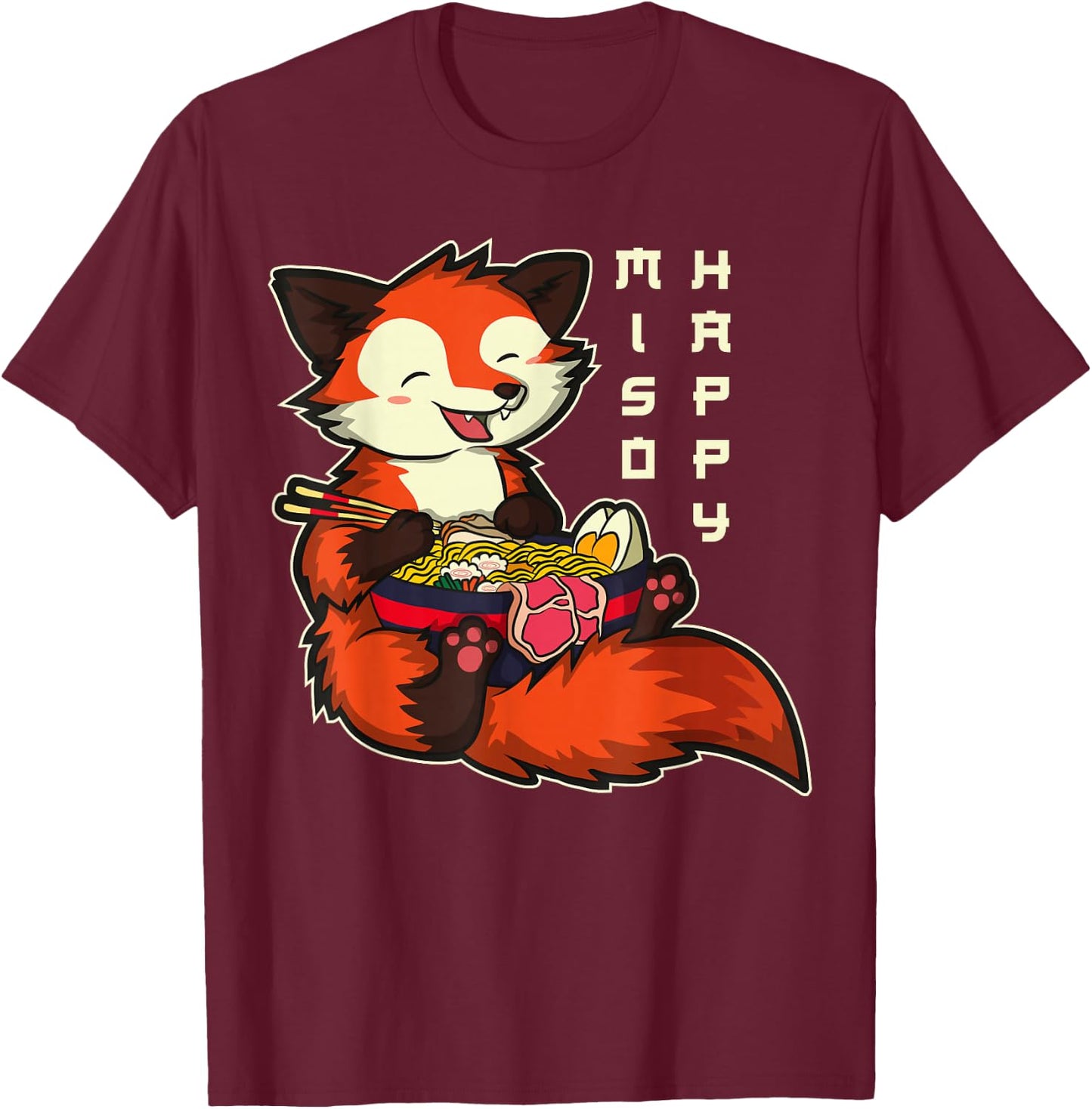 Japanese Anime Kawaii Ramen Noodles Fox T-Shirt - T-Shirt | Maroon