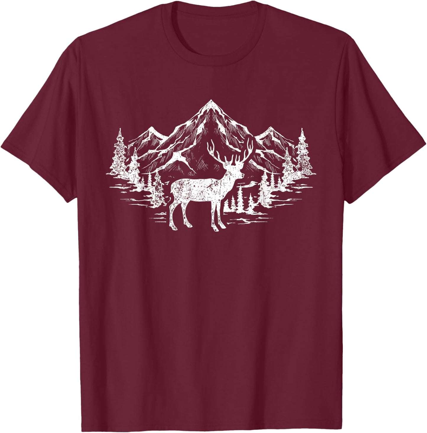 Outdoor Forest Animal Wildlife Mountains Nature Trees Deer T-Shirt - T-Shirt | Maroon