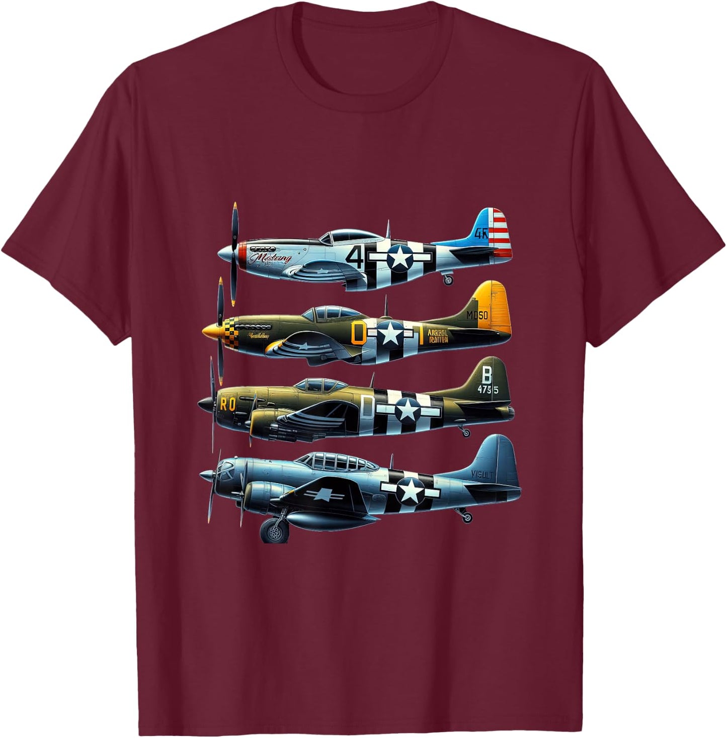P51 Mustang F4U Corsair B17 P47 Thunderbolt WW2 Warbirds T-Shirt - T-Shirt | Maroon