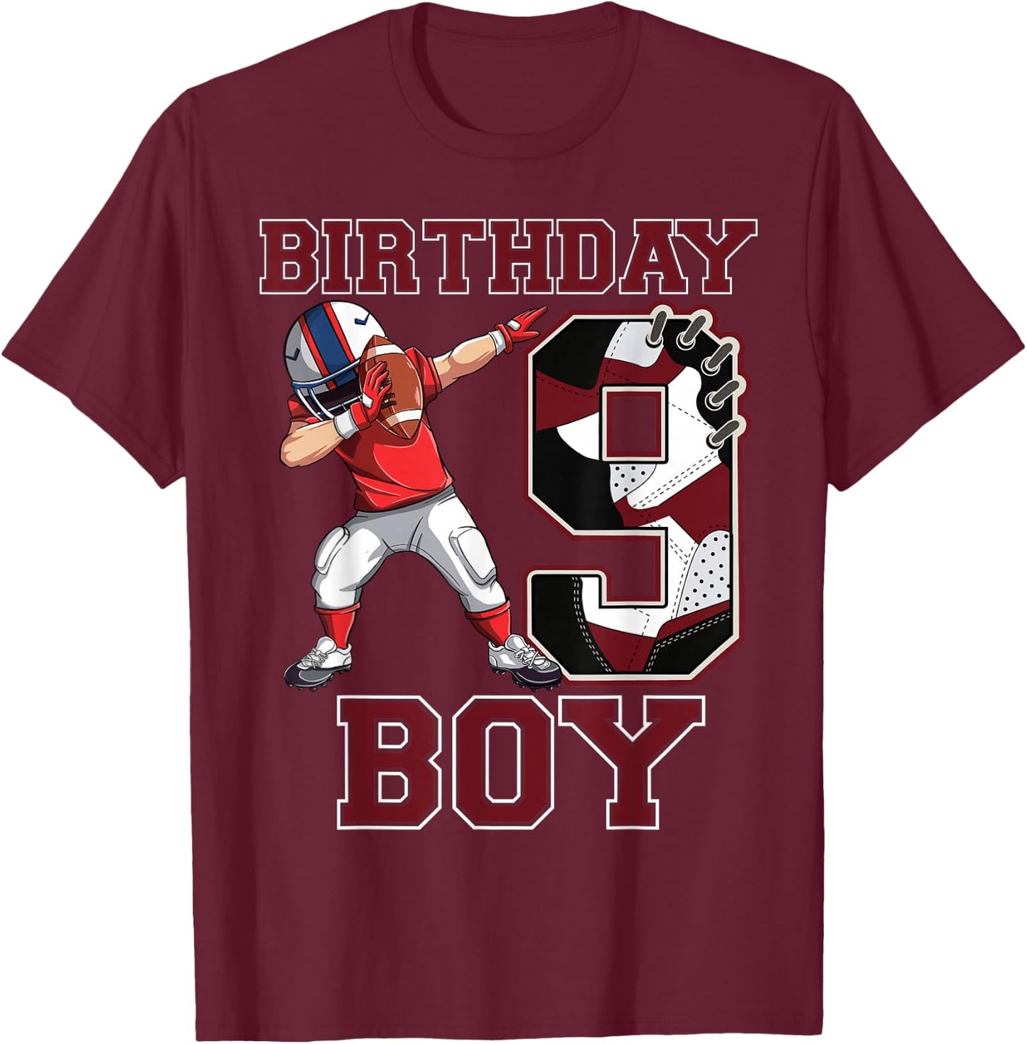 Football Boy Dabbing 9th Birthday Love Sneakers 9 Year Old T-Shirt - T-Shirt | Maroon