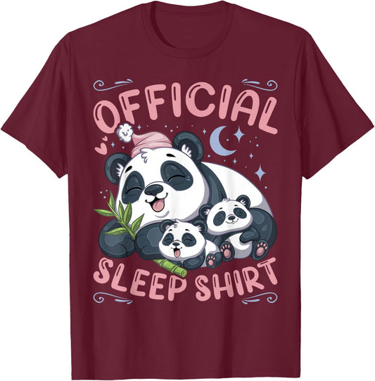 Official Sleep Shirt, Panda Bear with 2 Puppies T-Shirt - T-Shirt | Maroon