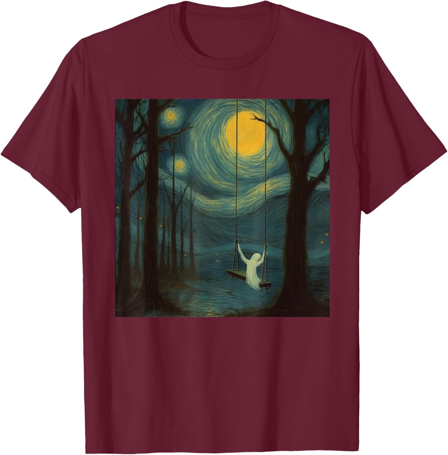 Vintage Ghost Sitting On A Swing Simple Halloween Idea T-Shirt - T-Shirt | Maroon