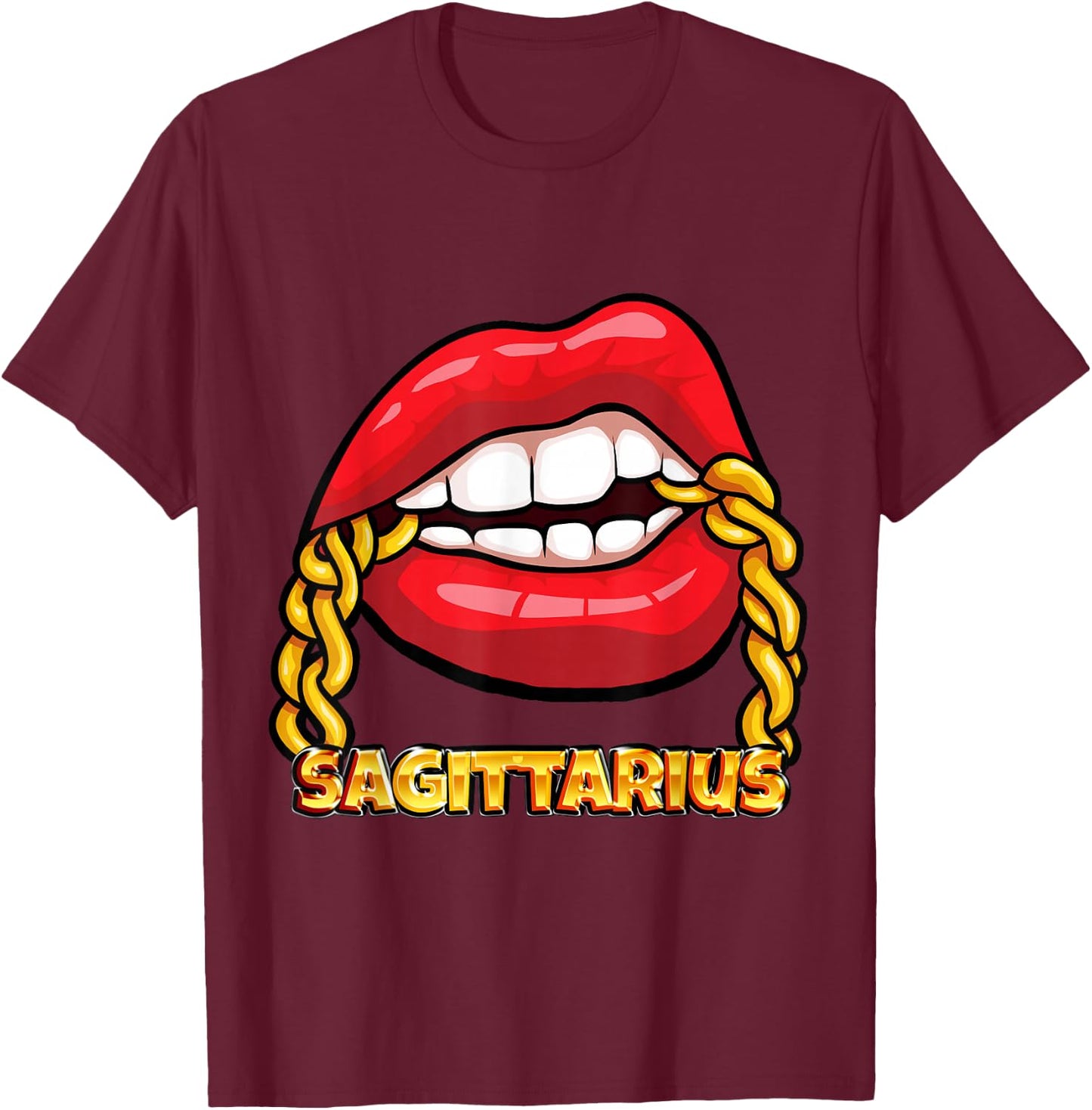 Juicy Lips Gold Chain Sagittarius Zodiac Sign T-Shirt - T-Shirt | Maroon