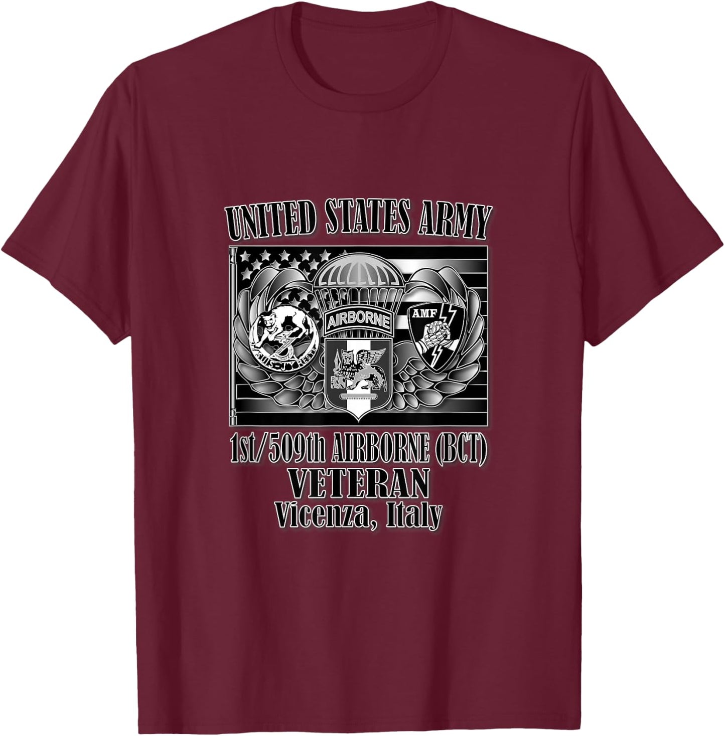 1/509th Airborne (BCT) Veteran (Front Design) T-Shirt - T-Shirt | Maroon