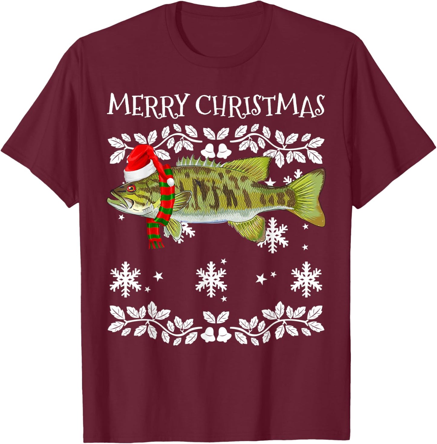 Fish Merry Christmas Ornament Smallmouth Bass Ugly Xmas T-Shirt - T-Shirt | Maroon