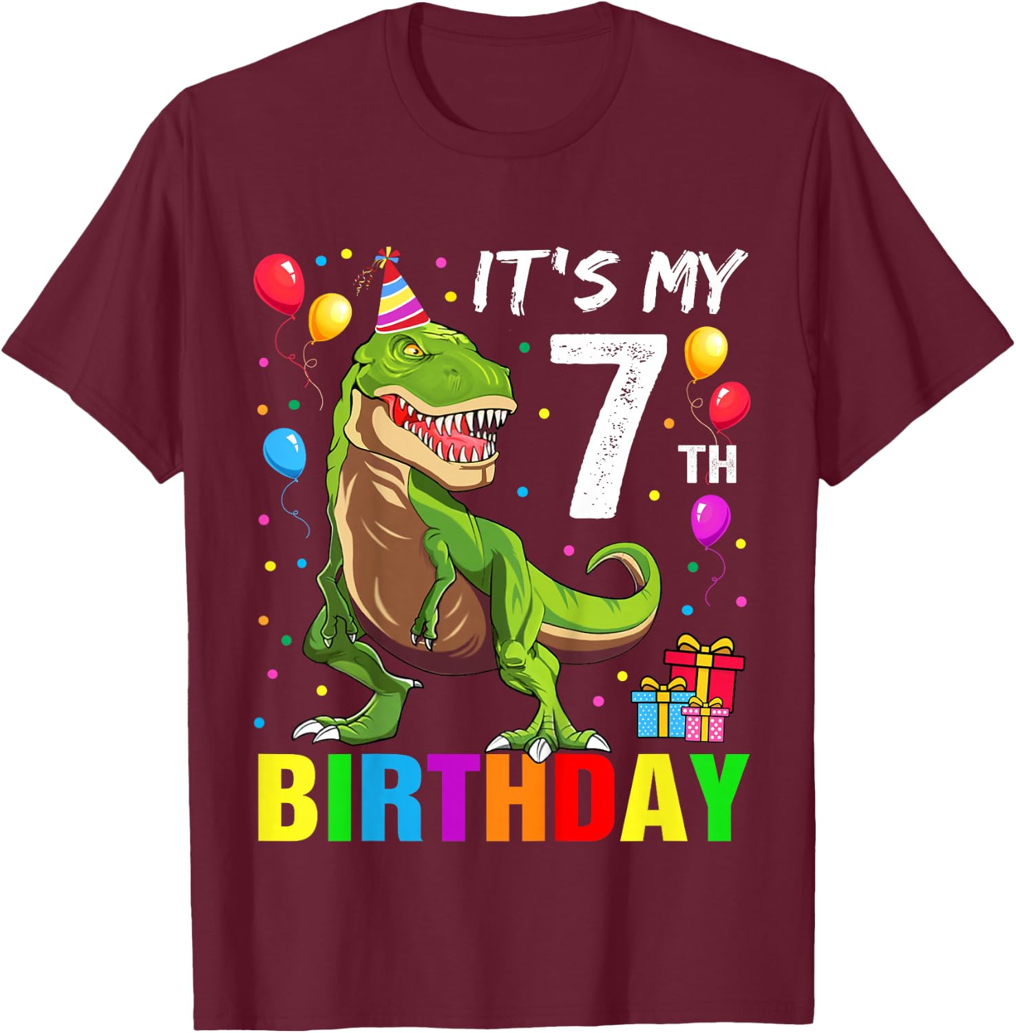 Kids It's My 7th Birthday Happy 7 Year T-Rex Boys T-Shirt - T-Shirt | Maroon