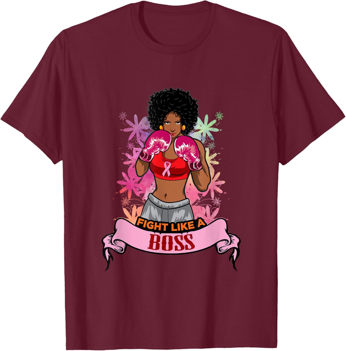 Black Girl Pink Warrior Breast Cancer Awareness Boxing T-Shirt - T-Shirt | Maroon