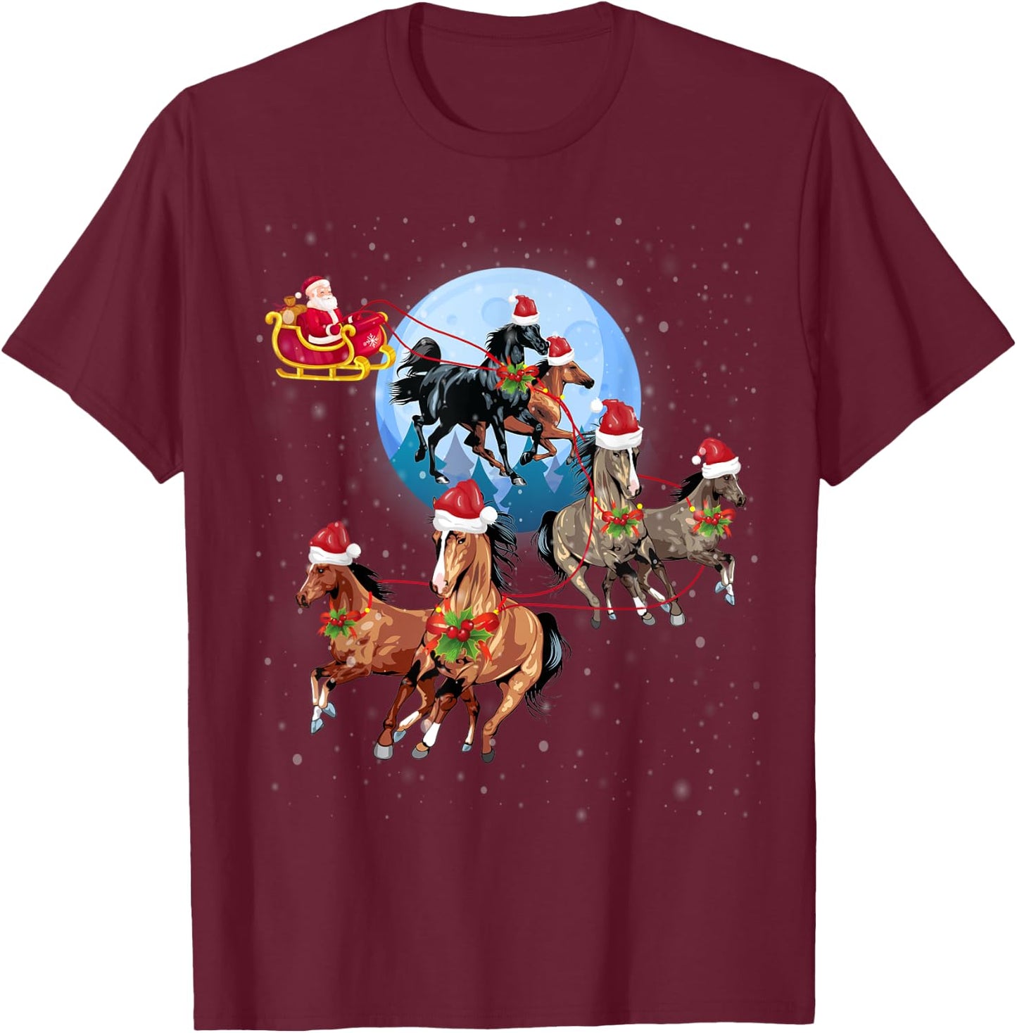 Horse Drawn Sleigh Riding Santa Claus Xmas Horses Funny T-Shirt - T-Shirt | Maroon