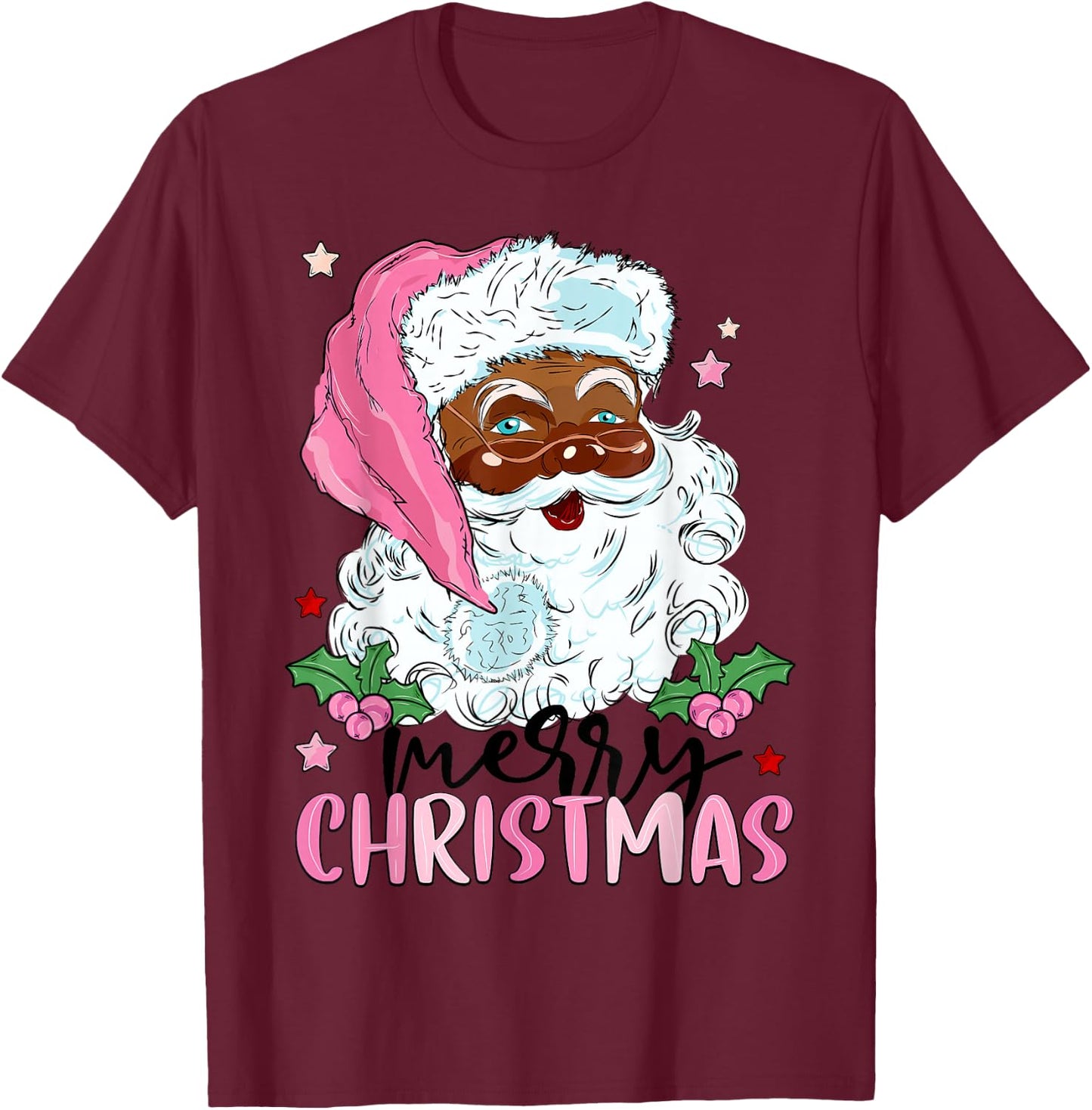 Merry Christmas Santa Claus Black Afro African American Xmas T-Shirt - T-Shirt | Maroon