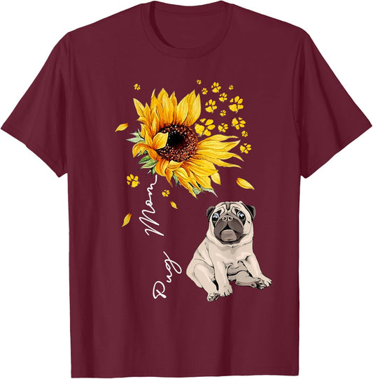 Sunflower Pug Mom Dog Lover Gifts T-Shirt - T-Shirt | Maroon