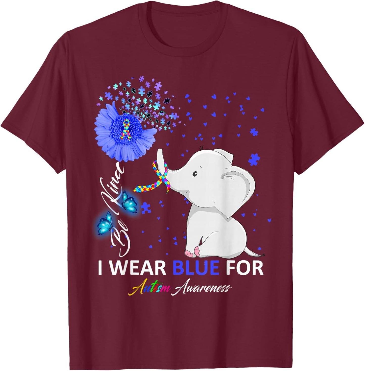 I Wear Blue Autism Awareness - Elephant Autism Awareness T-Shirt - T-Shirt | Maroon