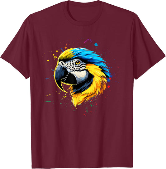 Blue Yellow Macaw Face Watercolor Macaw T-Shirt - T-Shirt | Maroon