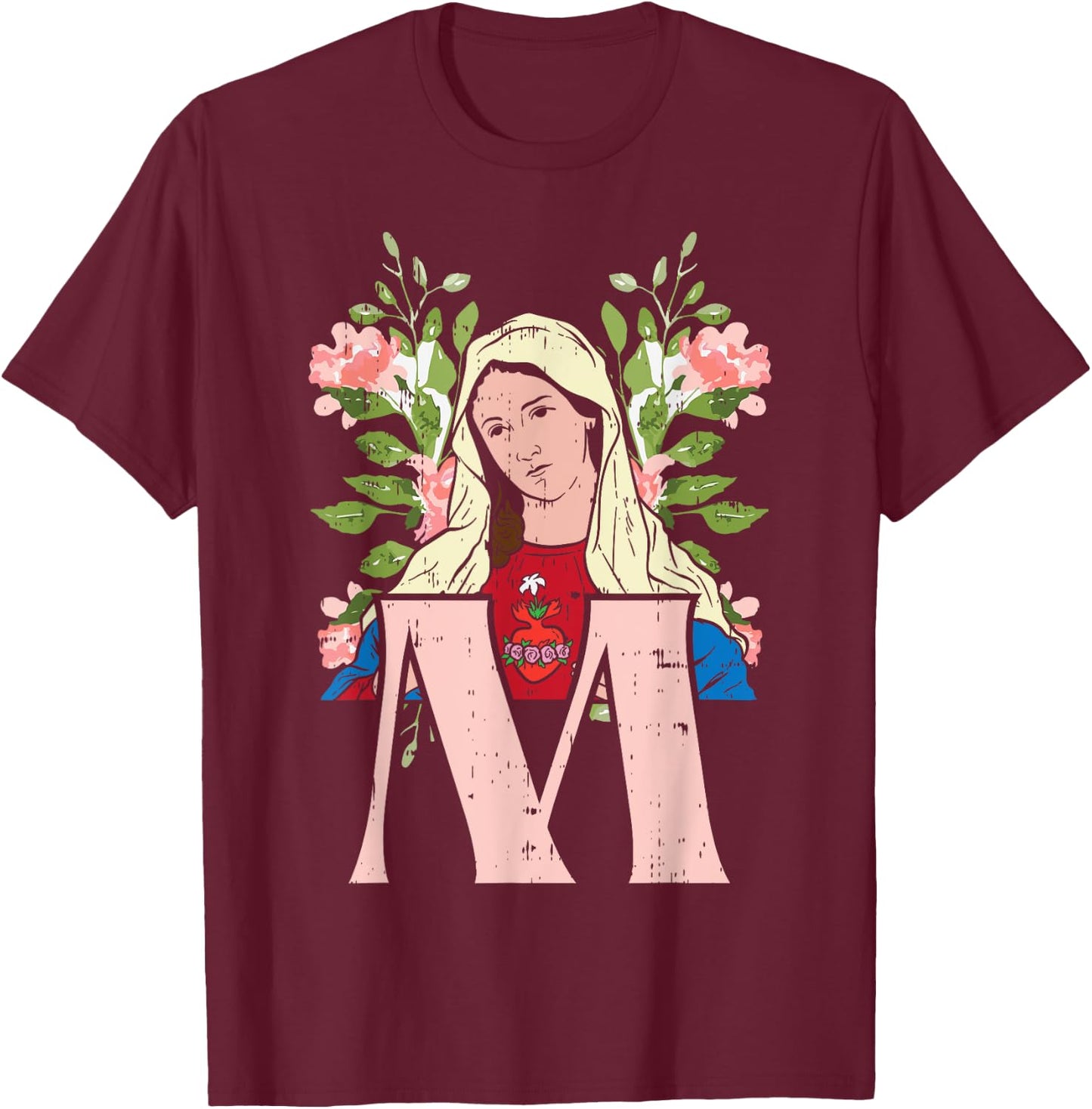 M Mary Virgin Sacred Heart Jesus Religious Catholic Gift T-Shirt - T-Shirt | Maroon