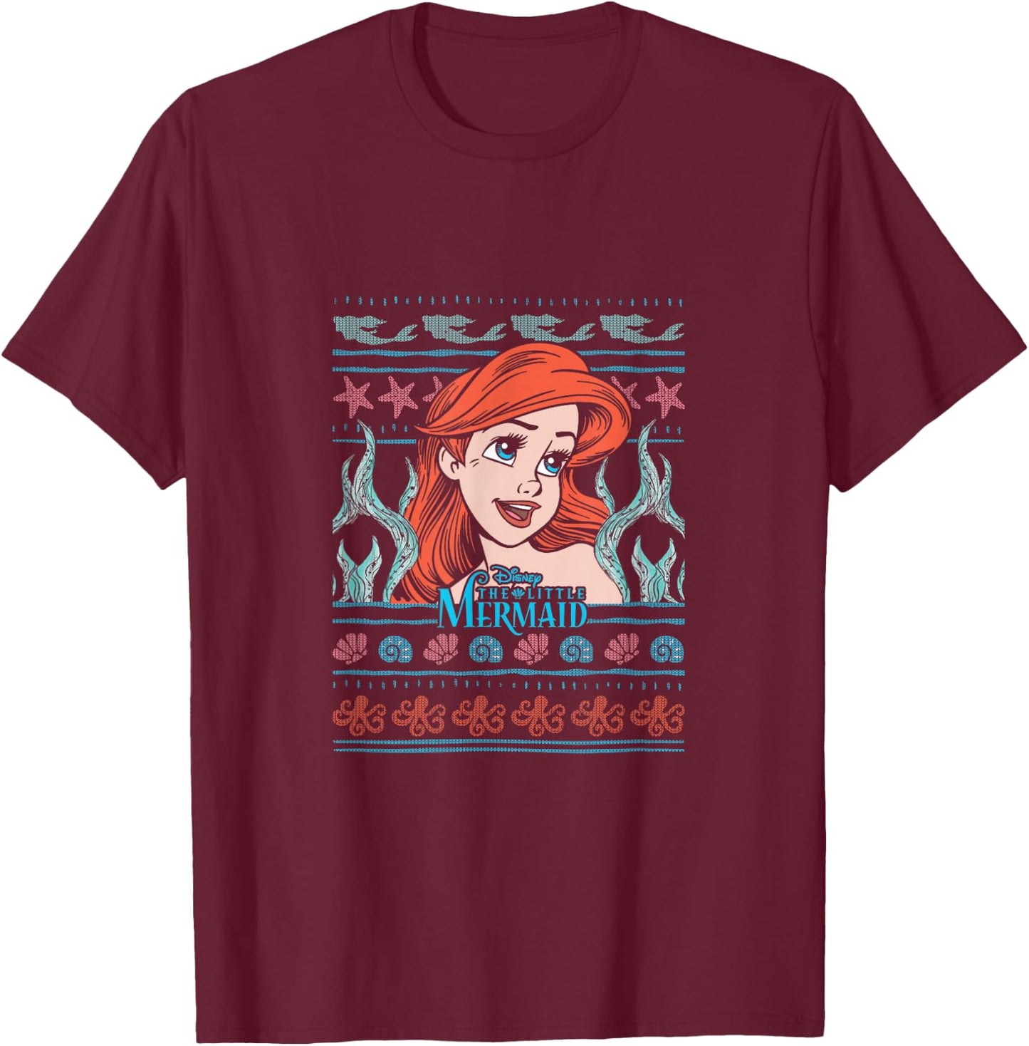 Disney Christmas The Little Mermaid Ariel Ugly Sweater T-Shirt - T-Shirt | Maroon