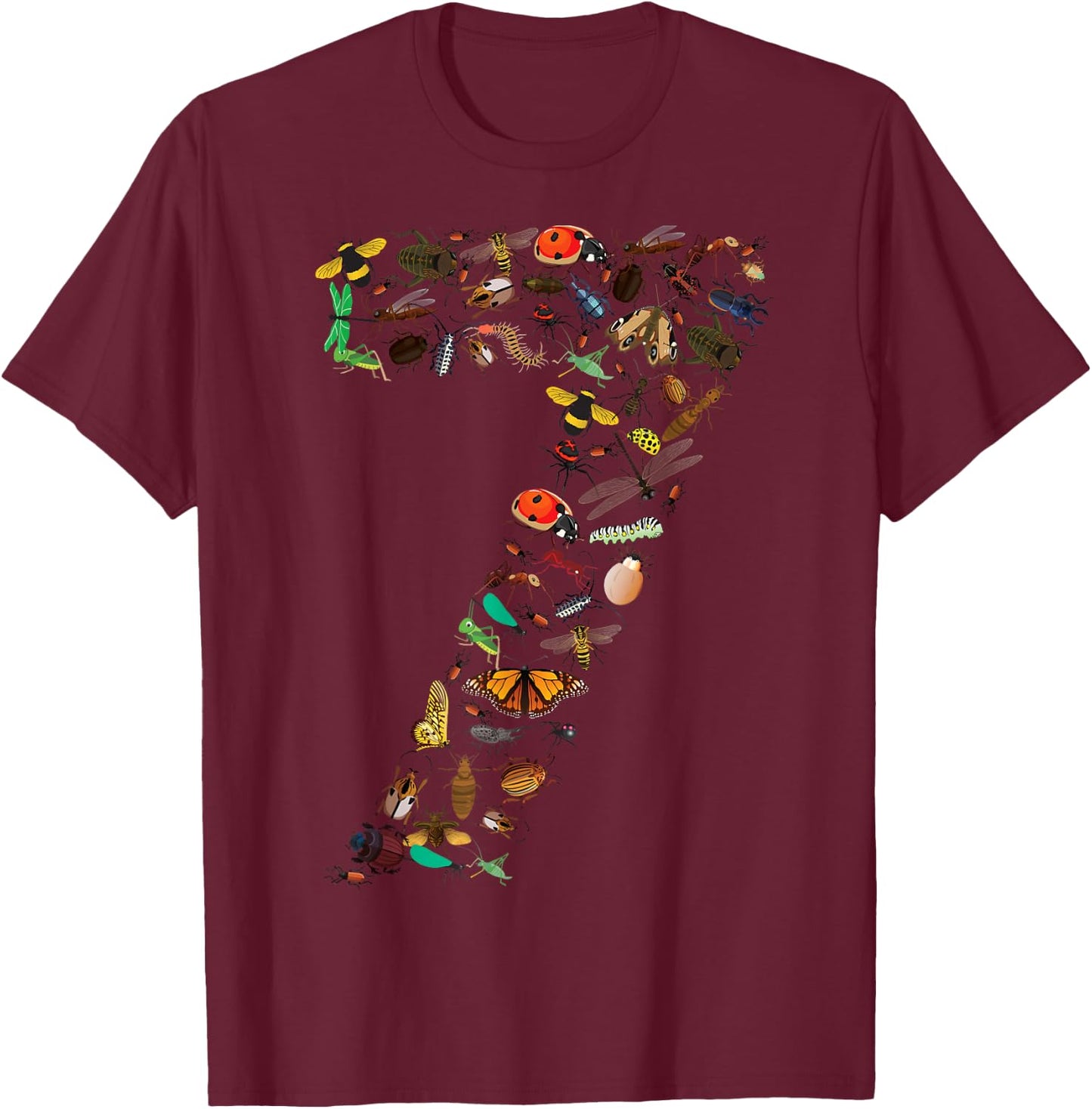 Funny Bugs 7th Birthday Gift | Cute 7 Years Old Boy Girl Kid T-Shirt - T-Shirt | Maroon