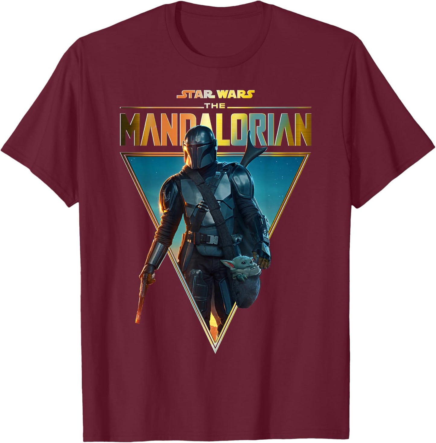 Star Wars The Mandalorian & The Child Golden Logo Portrait T-Shirt - T-Shirt | Maroon