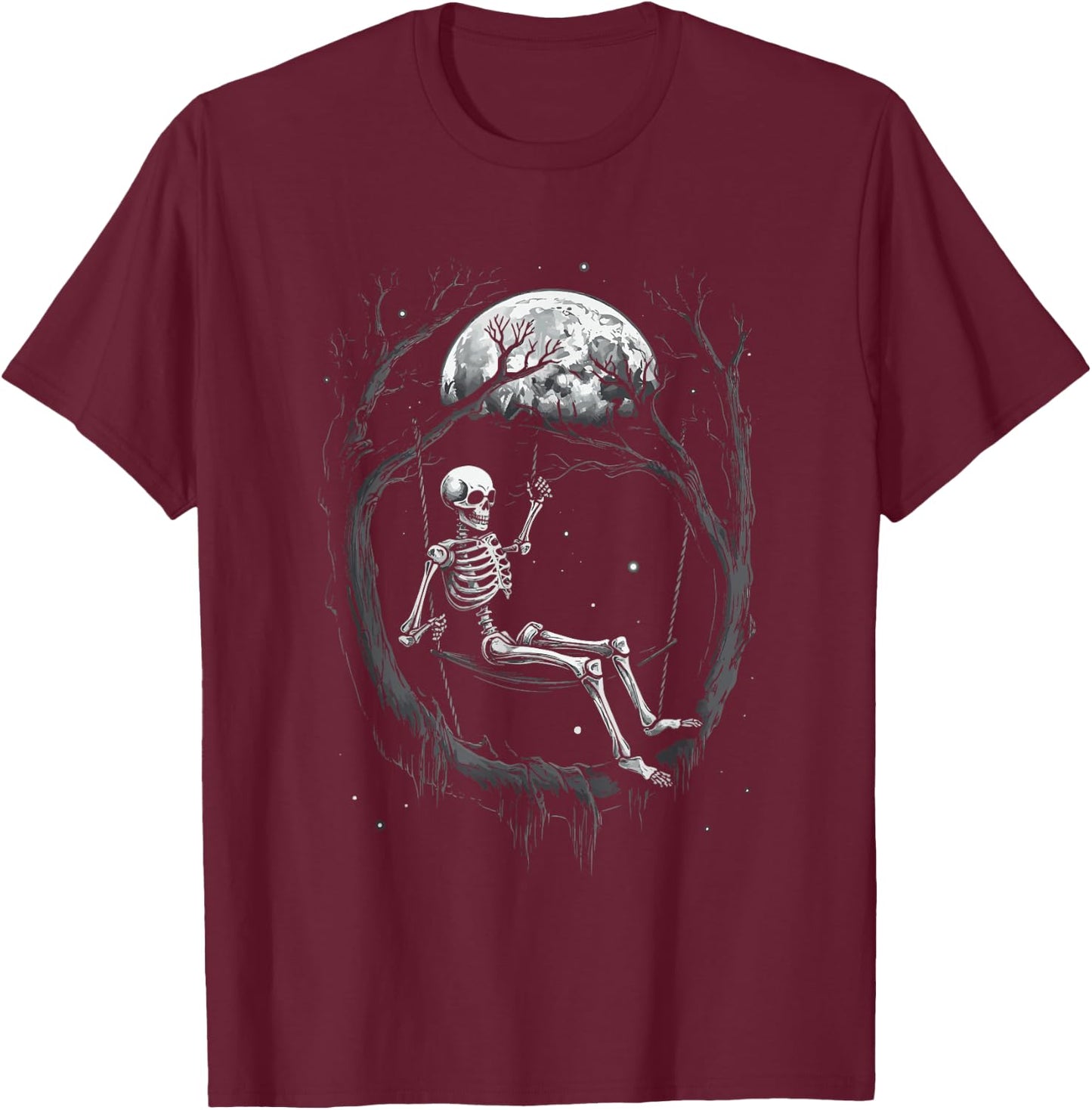 Skeleton Swinging on Moon T-Shirt - T-Shirt | Maroon