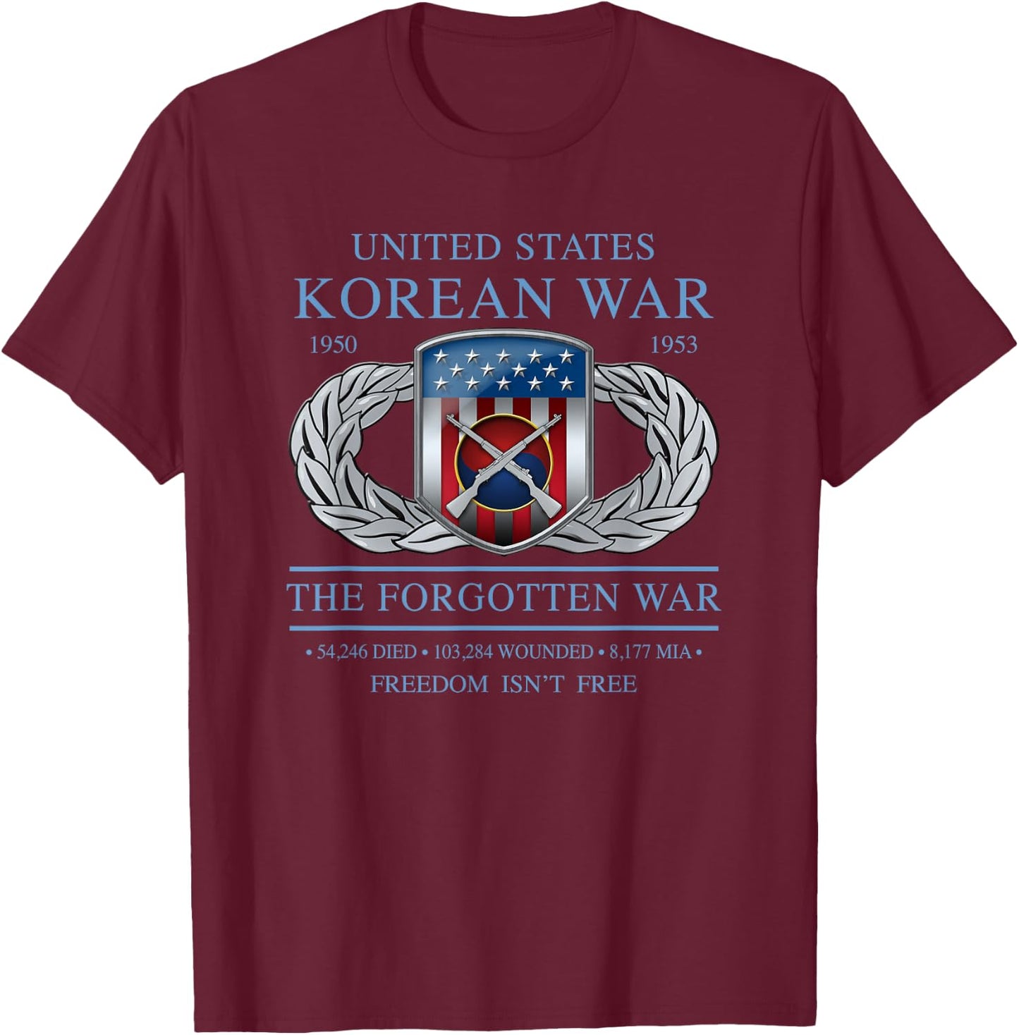 MEDALS OF AMERICA EST. 1976 The Forgotten War Korean War Adult Black Short Sleeve Modern Casual T-Shirt - T-Shirt | Maroon