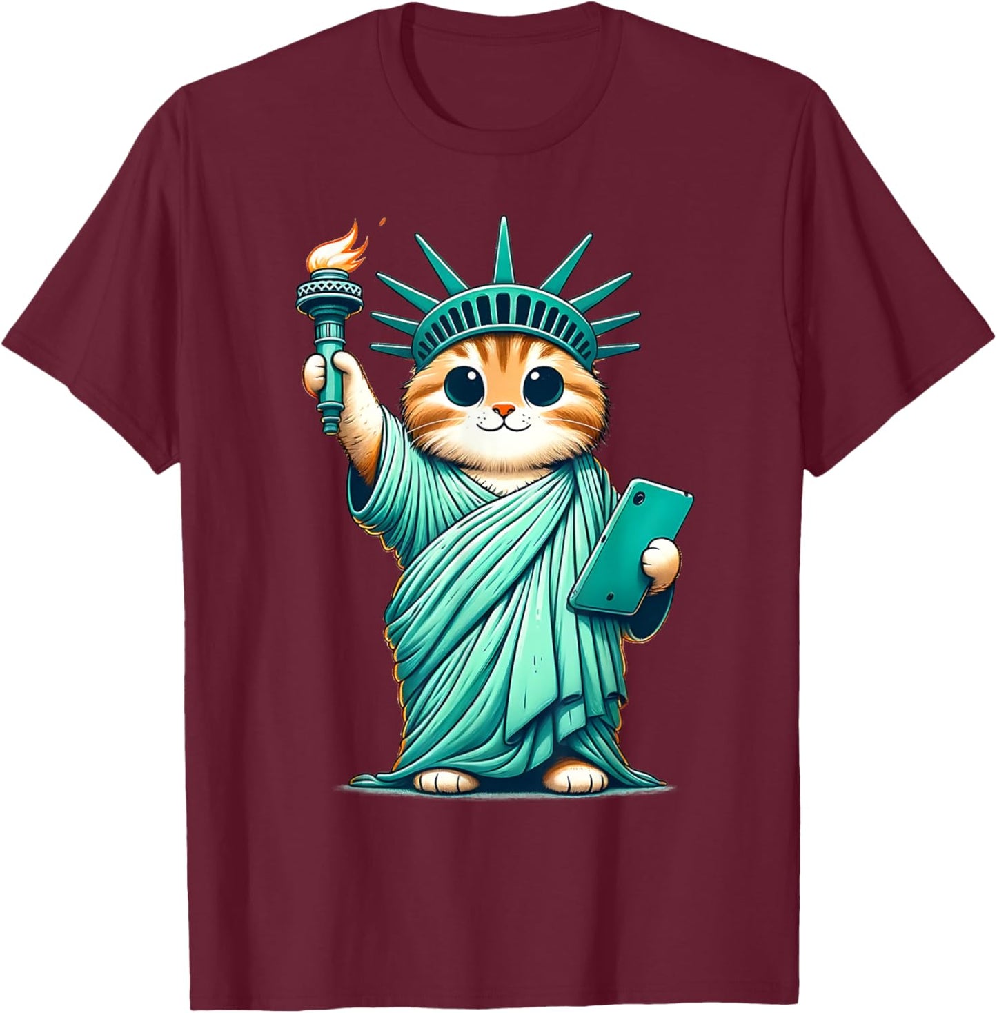 Cute Kawaii Cat Statue of Liberty I Love New York NYC T-Shirt - T-Shirt | Maroon