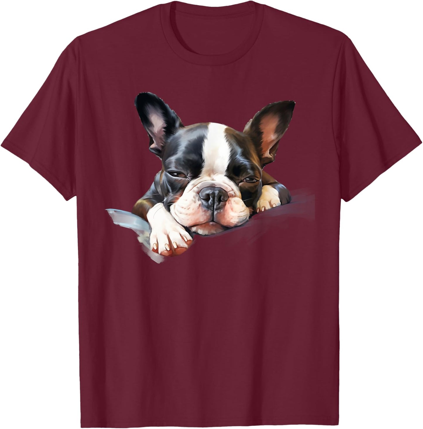 Colorful Sketch Oil Painting Of A Boston Terrier Dog Sleep T-Shirt - T-Shirt | Maroon