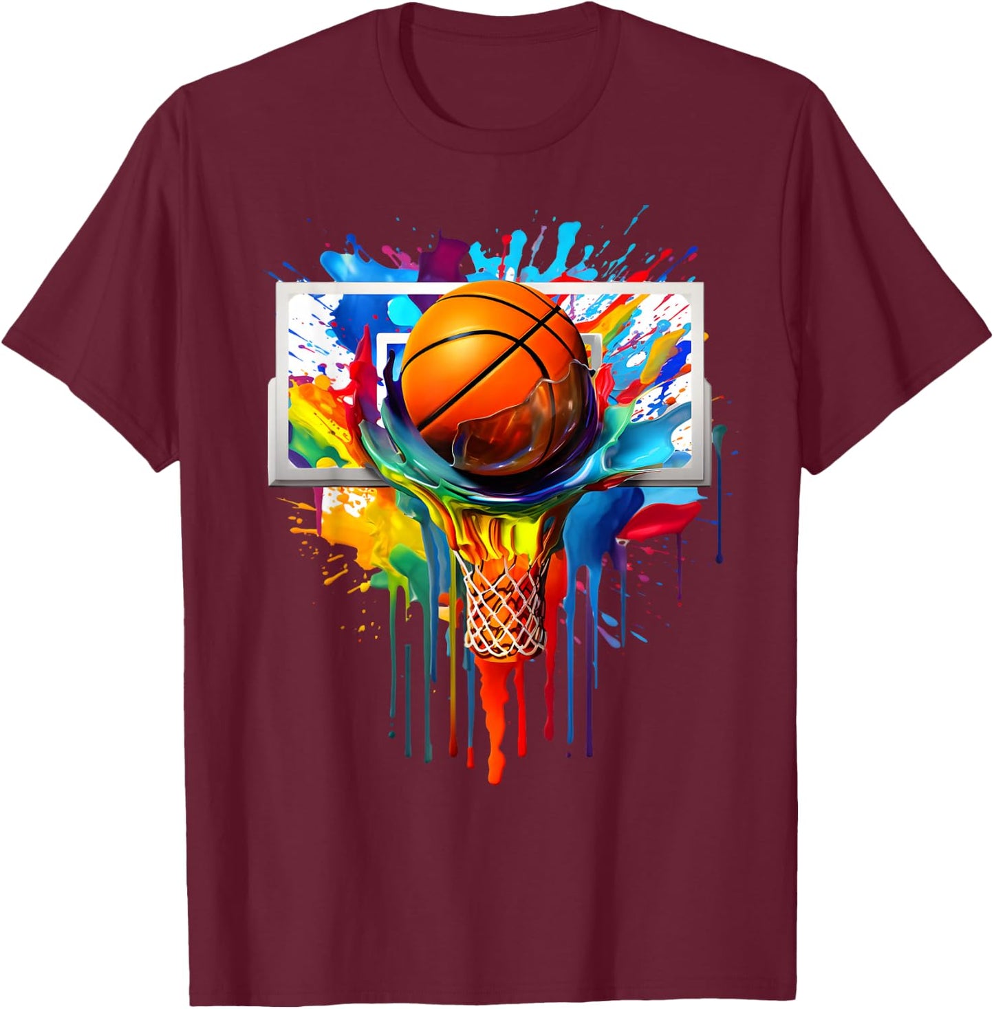 Colorful Basketball Tie Dye Color Splash Hoop Net Slam Dunk T-Shirt - T-Shirt | Maroon