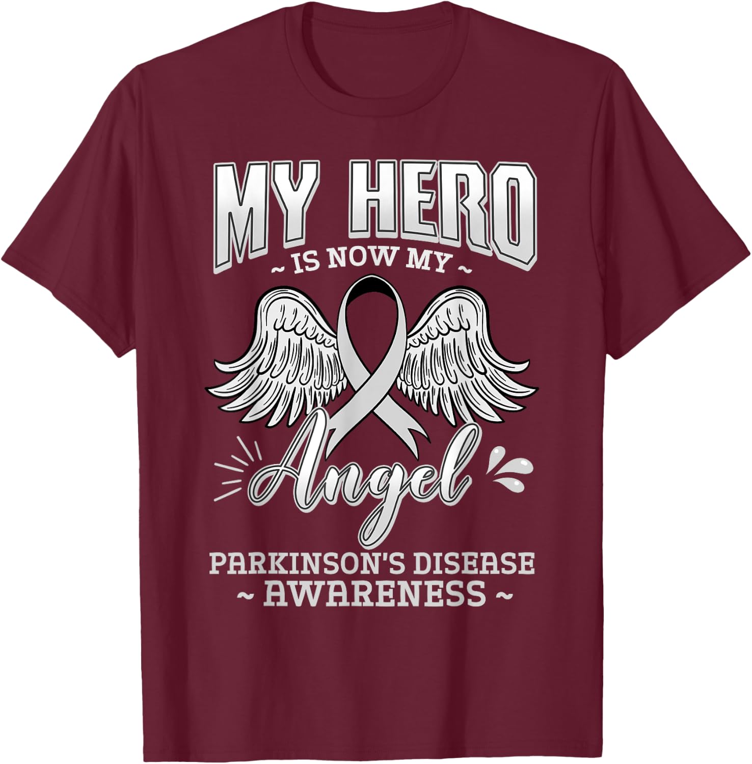 My Hero Is Now My Angel Parkinson's Disease Grey Ribbon T-Shirt - T-Shirt | Maroon