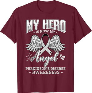 My Hero Is Now My Angel Parkinson's Disease Grey Ribbon T-Shirt - T-Shirt | Maroon