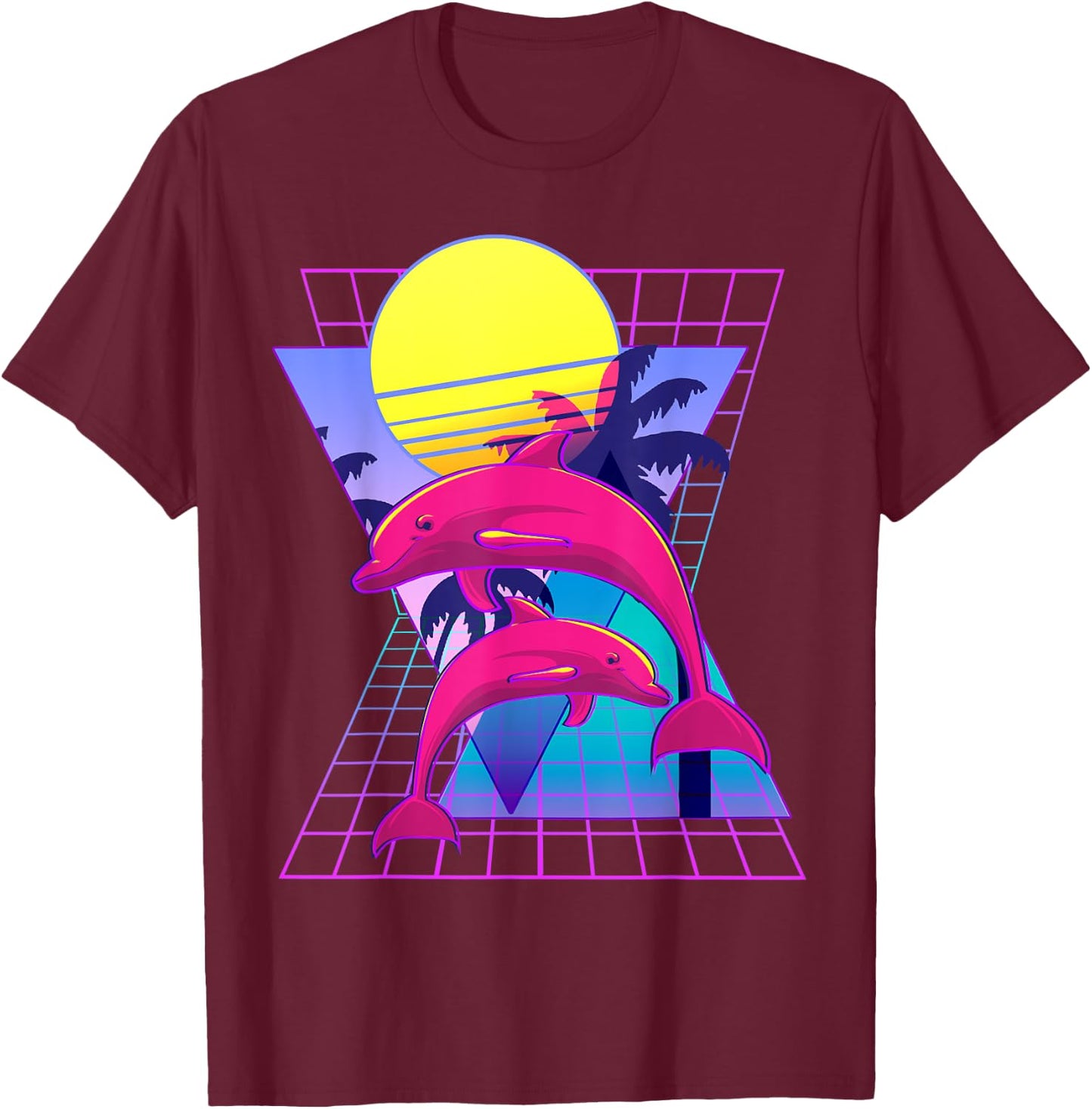 Vaporwave Dolphins Retro 80s Aesthetic T-Shirt - T-Shirt | Maroon