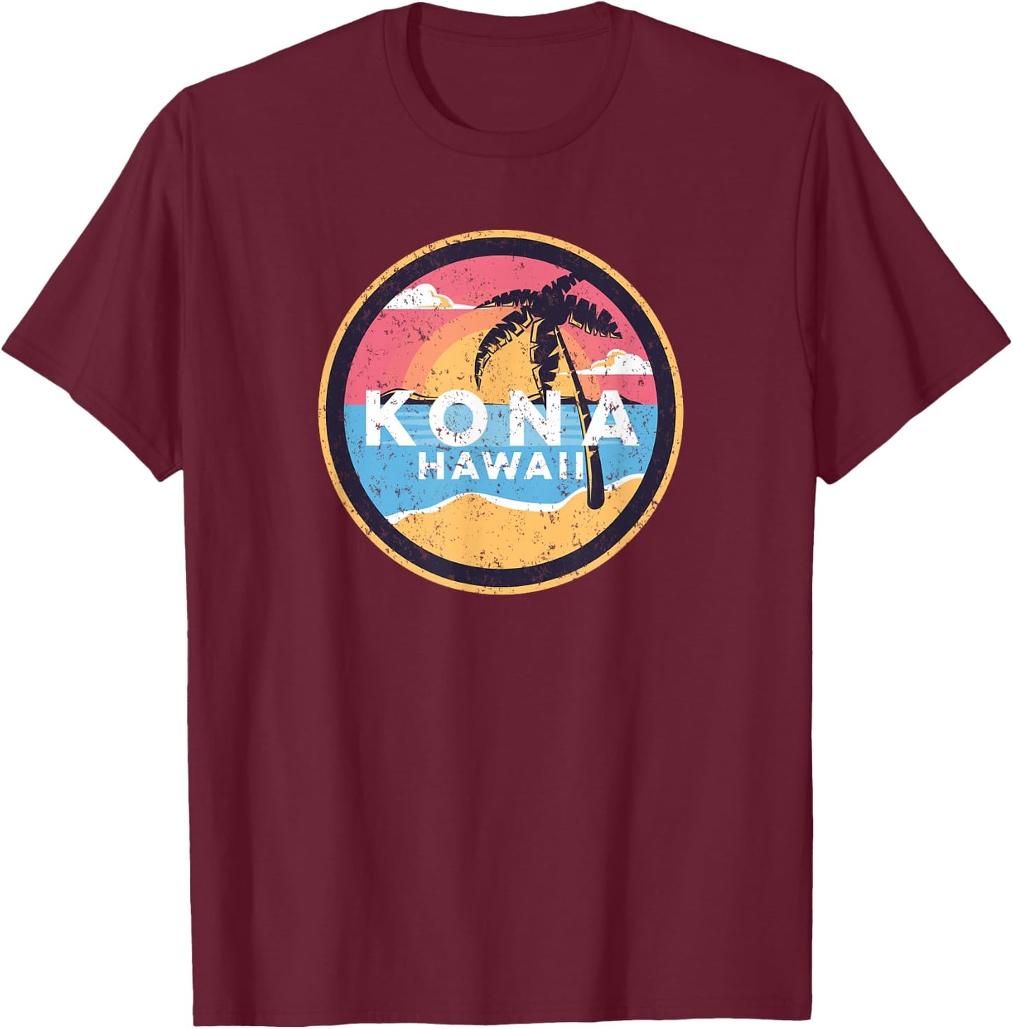 Kona Hawaii Vintage Distressed Surfer Beach Palm Tree Sunset T-Shirt - T-Shirt | Maroon