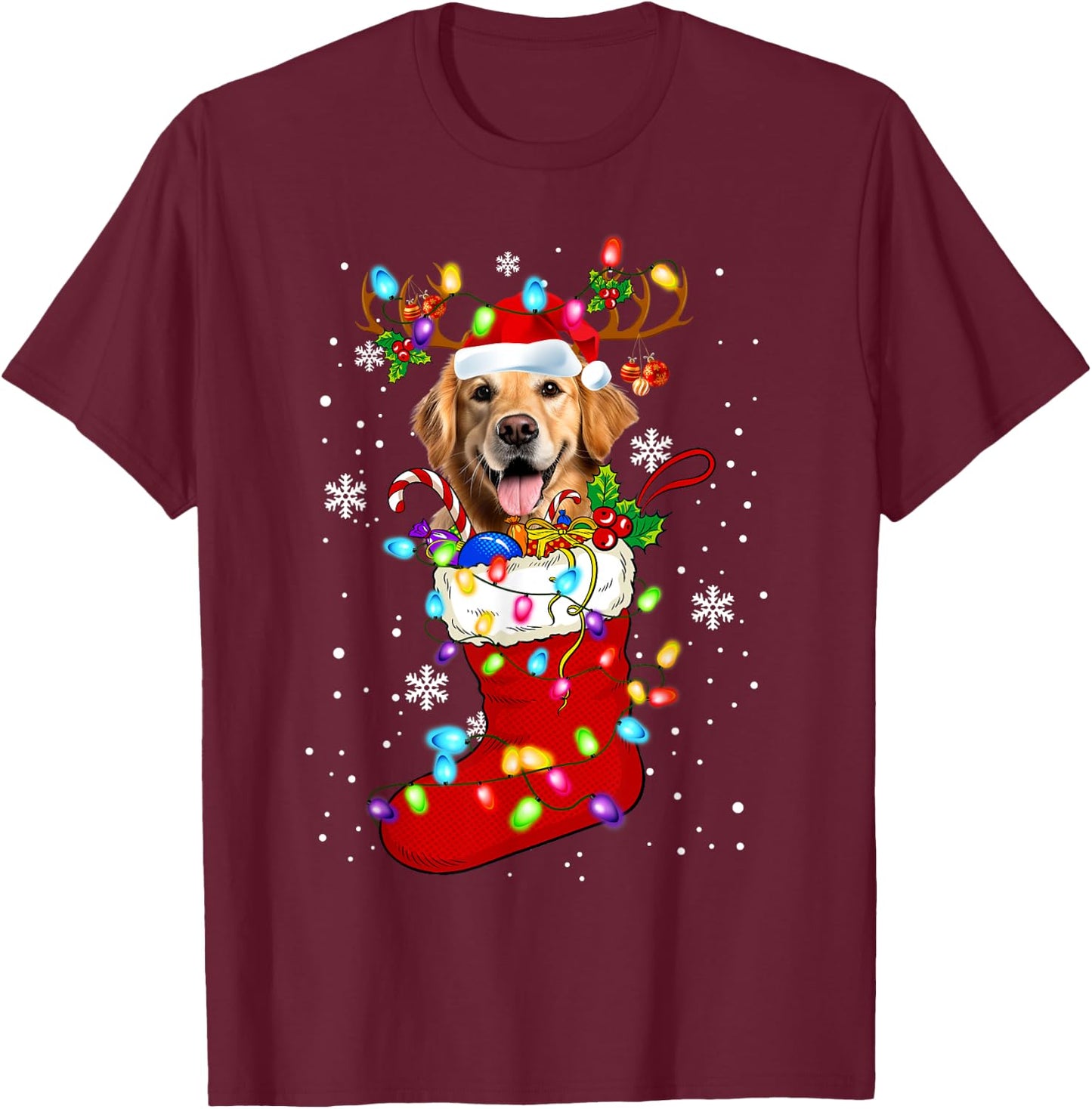 Santa Golden retriever In Christmas Socks Lover Kids Family T-Shirt - T-Shirt | Maroon