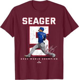 Player Number 2023 World Champion Corey Seager Texas MLBPA T-Shirt - T-Shirt | Maroon