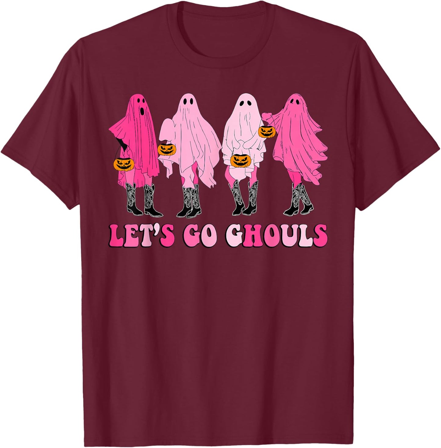 Let’s Go Ghouls Groovy Trick Or Treat Ghosts Halloween T-Shirt - T-Shirt | Maroon